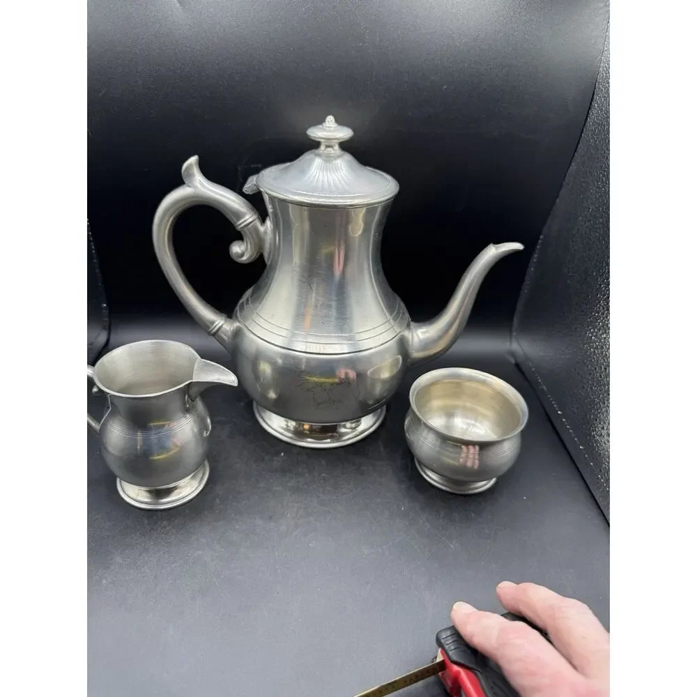Vintage Woodbury Pewter 3 Piece Teapot Cream and Open Sugar Bowl USA EUC